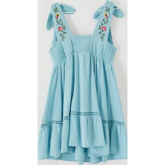 Urban Outfitters UO Forever Blue Tie Embroidered‎ Baby Doll Smock Dress Size XS - Picture 3 of 15